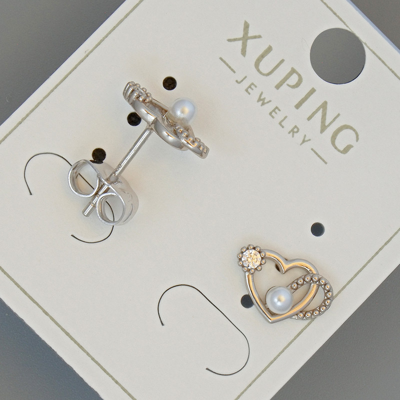 עגילי סטוד «לב» Xuping עם קריסטל לבן ועם חרוז, קוטר 11×7 מ״מ, ציפוי רודיום