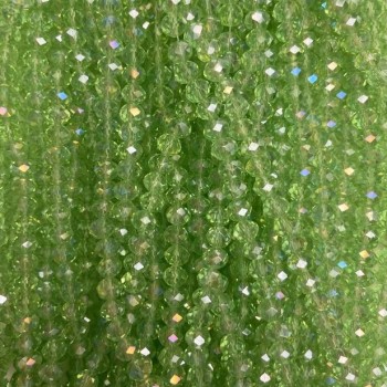 חרוזי קריסטל צ'כי ירוק סלט, רונדל מלוטש עם ציפוי בנזיני, קוטר 6×5 מ״מ+- אורך 42 מ״מ+- על חוט