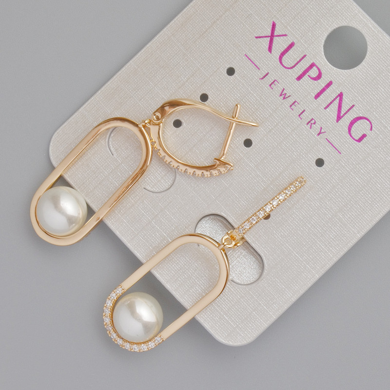עגילים Xuping עם פנינים מאיורקה ואבני סטרס לבנות, קוטר 24×11 מ״מ, אורך 40 מ״מ, ציפוי זהב 18K