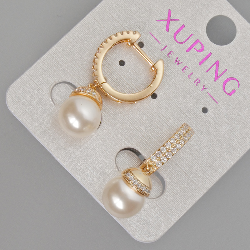 עגילים Xuping עם פנינת מאיורקה וזרקונים לבנים, קוטר כ-9 מ"מ, אורך כ-27 מ"מ, ציפוי זהב 18K