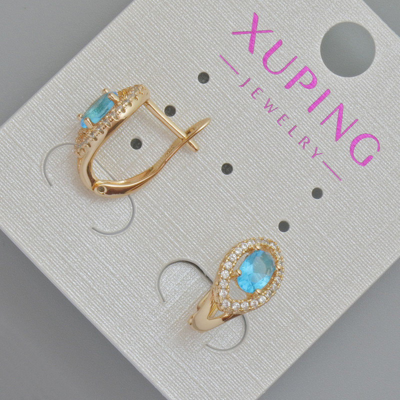 עגילים Xuping עם קריסטל כחול ואבני זירקון לבנות, קוטר 14×7 מ"מ – מצופים בזהב 18 קראט