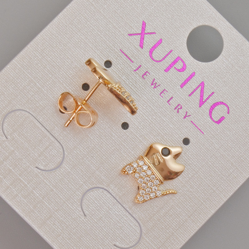 עגילי חוד Xuping «חתול» עם קריסטלים לבנים, קוטר 12×10 מ״מ ± ציפוי זהב 18K