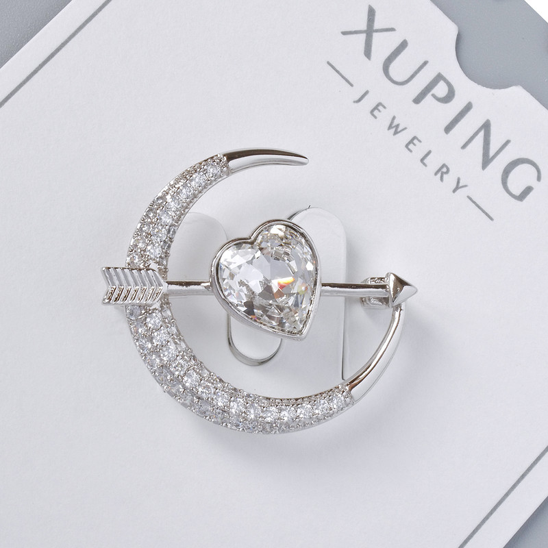 סיכת Xuping «לב» עם קריסטל לבן וזירקונים לבנים 24×27 מ״מ, מתכת כסופה