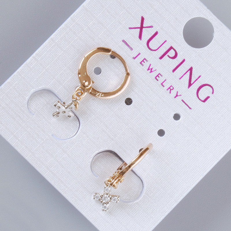 עגילים «צלב» Xuping עם קריסטלים לבנים, קוטר 7,5×6 מ״מ +-, אורך 23 מ״מ +-, זהב מצופה 18K