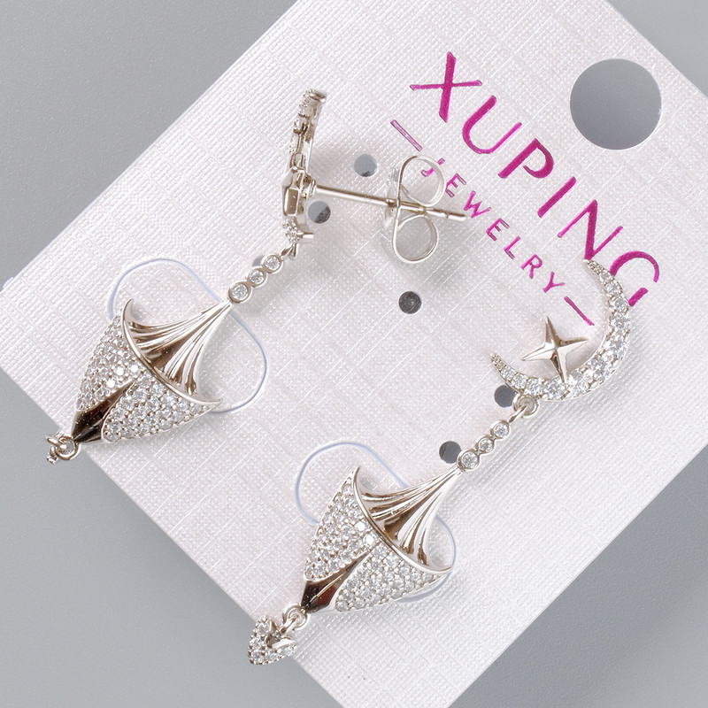 עגילי סטוד Xuping עם אבני סטרס לבנות, קוטר 24×10 מ"מ, 11×7,5 מ"מ, אורך כ-40 מ"מ, מצופים רודיום