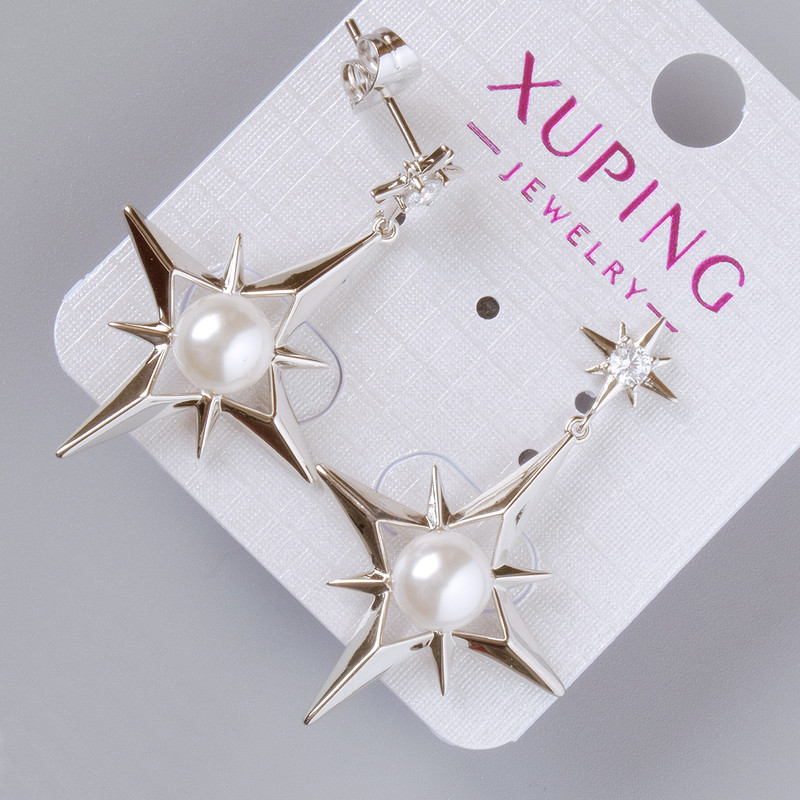 עגילים סטוד «כוכב» Xuping עם קריסטל לבן וחרוז, קוטר כ-30×24.5 מ״מ+-, אורך 39 מ״מ+-, ציפוי רודיום