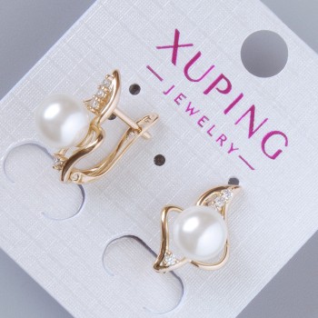 עגילים Xuping עם קריסטלים לבנים וחרוז, קוטר 18×12 מ״מ, ציפוי זהב 18K