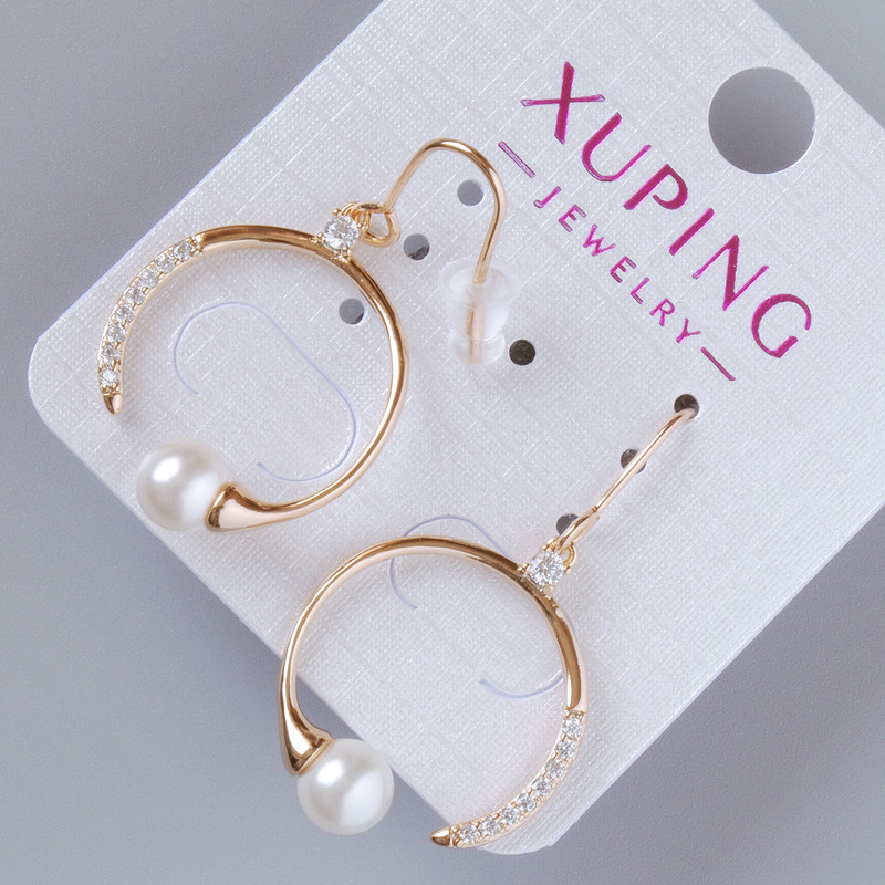 עגילי Xuping עם אבני זירקון לבנות ועל חרוז, קוטר 25×19 מ״מ, אורך 37 מ״מ ±, ללא סגר, ציפוי זהב 18K