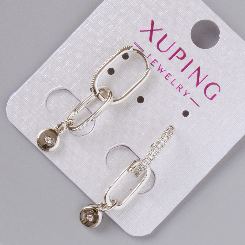 עגילים Xuping עם זרקונים לבנים, קוטר 15×2 מ״מ, אורך כ-35 מ״מ, מצופים רודיום