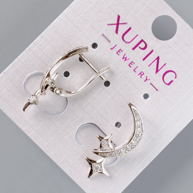עגילים «ירח וכוכבים» Xuping עם אבני סטרז לבנות, קוטר 24 מ״מ, מידות 5×10 מ״מ, ציפוי רודיום