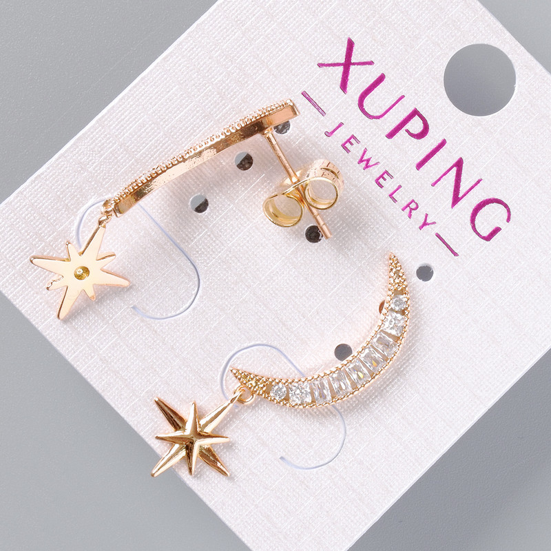 עגילי סטוד «ירח וכוכב» Xuping עם קריסטלים לבנים, קוטר 19×3,5 מ״מ, 10 מ״מ, אורך 30 מ״מ ± ציפוי זהב 18K