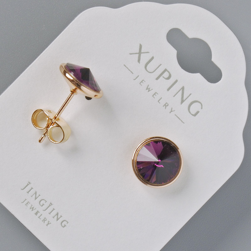 עגילי סטוד Xuping עם אבני Swarovski בצבע בורדו, קוטר 10 מ"מ, זהב מצופה 18K