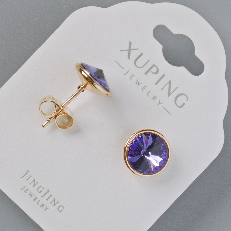עגילי פוסטים Xuping עם קריסטלים Swarovski בצבע סגול, קוטר 10 מ״מ, זהב מצופה 18K