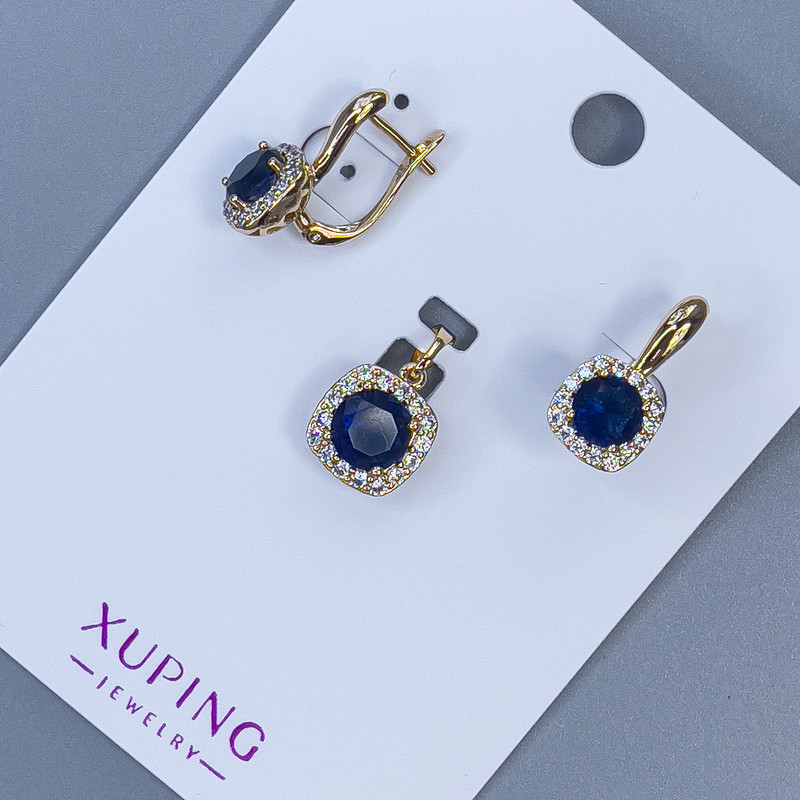 סט Xuping תליון ועגילים עם זירקונים לבנים וקריסטל כחול בציפוי זהב 18K