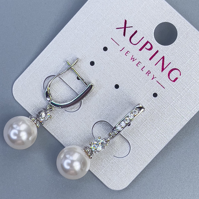 עגילי Xuping מצופים ברודיום עם פנינה, קוטר 10 מ"מ וקריסטלים לבנים, אורך 30 מ"מ +