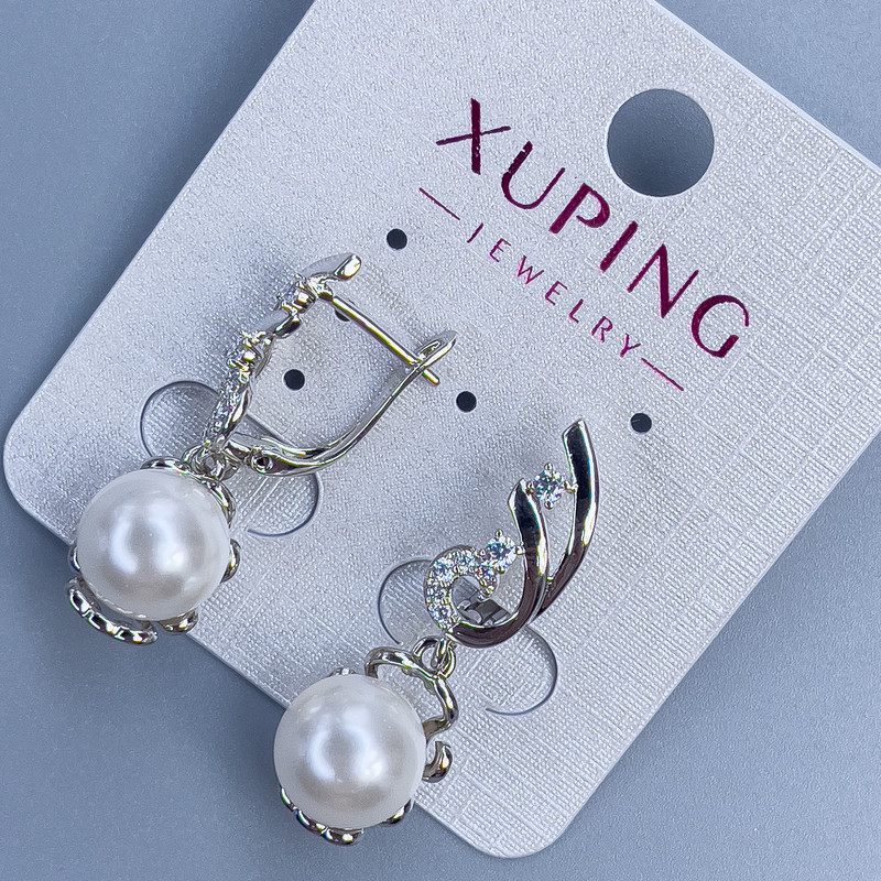 עגילים Xuping רודיום עם פנינה, קוטר 10 מ״מ וזירקונים לבנים, אורך 30 מ״מ +