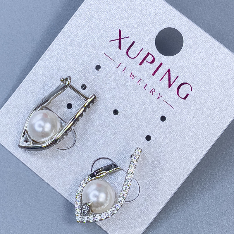 עגילים Xuping רודיום עם פנינה, קוטר 8 מ"מ ואבני זרקונים לבנים, אורך 24 מ"מ +
