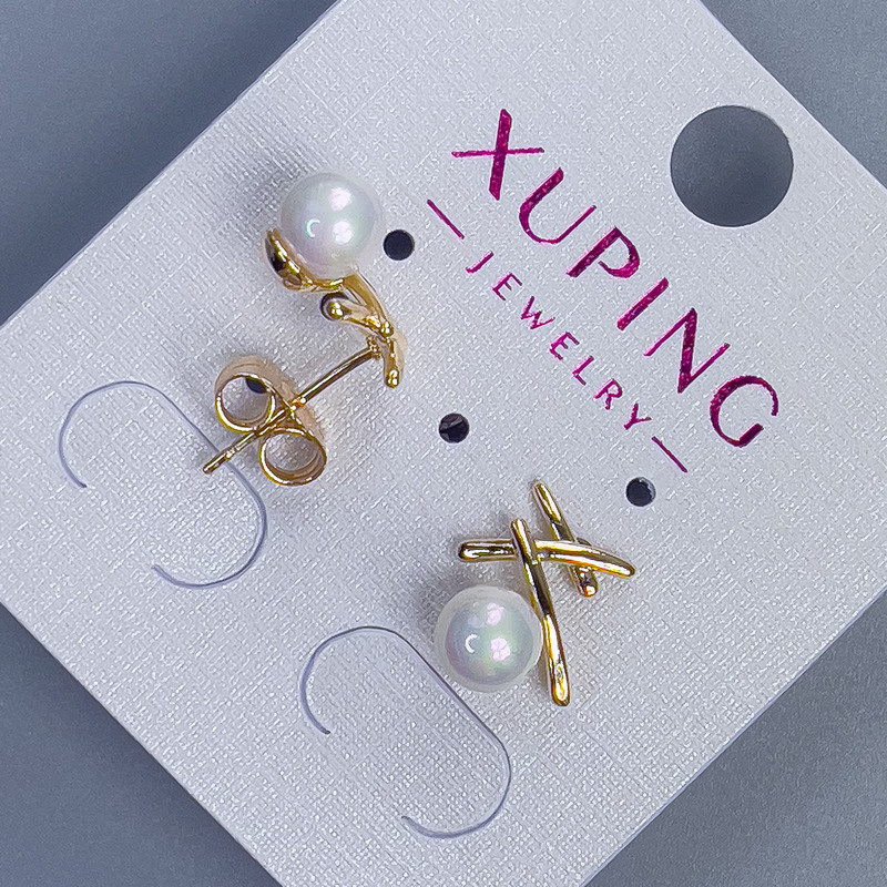 עגילי סטוד Xuping עם פנינה, קוטר 6 מ״מ +- 12×10 מ״מ +- ציפוי זהב 18K