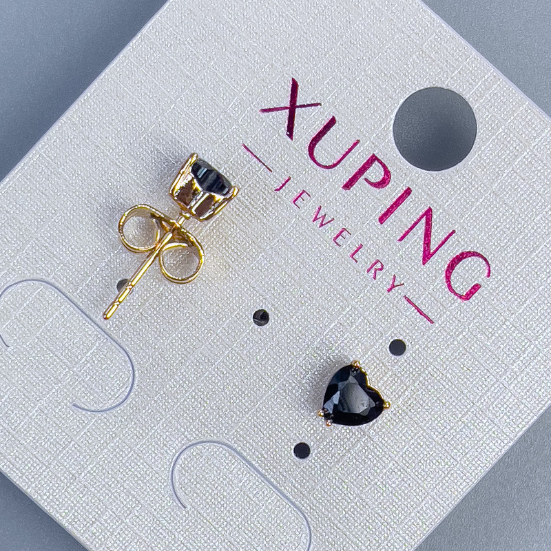 עגילים סטוד כדוריים Xuping «לב עם אבן שחורה» בקוטר 5 מ״מ ± ציפוי זהב 18K