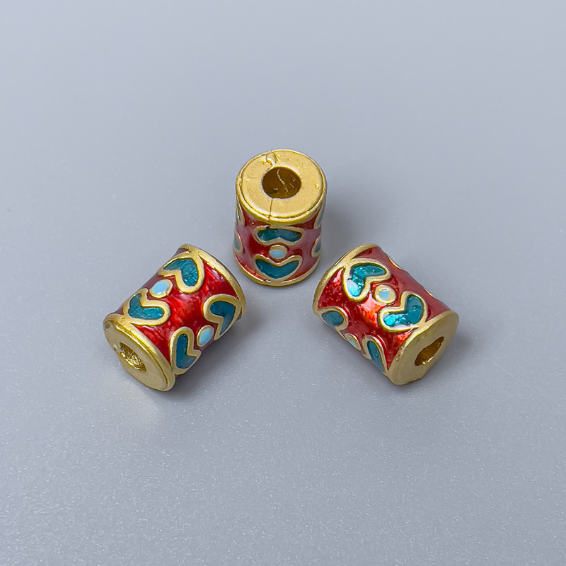 חרוז קלואזון צילינדר תכלת-אדום 8×10 mm, פתח 3 mm, מתכת זהובה, 1 יח'