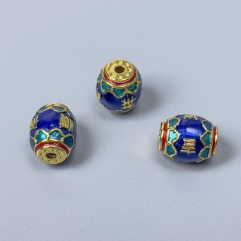 אביזרי חרוז קלואזוֹן בצורת בארילו – כחול, ירוק, אדום אמייל, קוטר 8×10 מ״מ, פתח כ-1.5 מ״מ, צבע מתכת זהוב, יחידה אחת