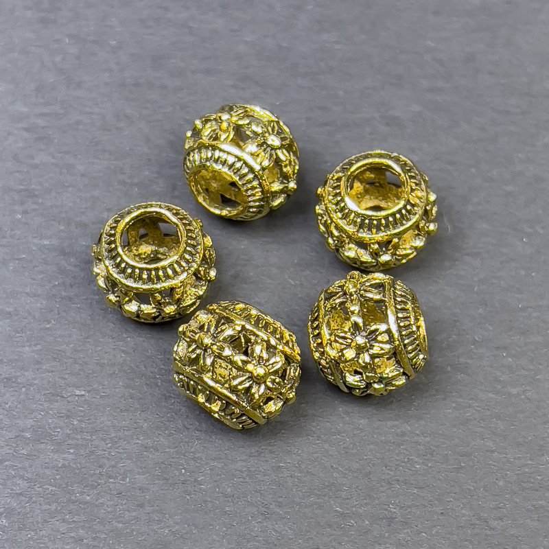 אביזרי תכשיטים: חרוז-הכנסה בצבע זהוב, קוטר 9×10 מ"מ, פתח 5 מ"מ, אריזה 5 יחידות