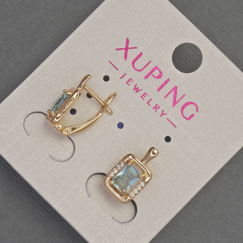 עגילים Xuping עם זרקונים לבנים ואבן קריסטל כחולה, קוטר 8 מ״מ +/- אורך 14 מ״מ +/- ציפוי זהב 18K