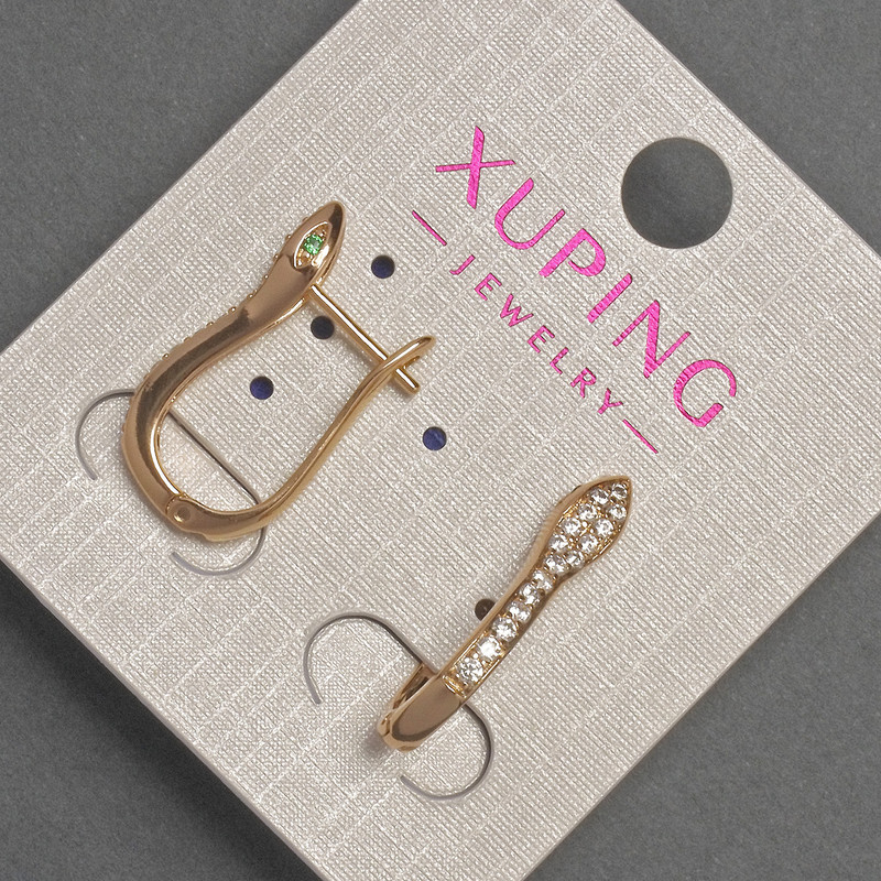 עגילים Xuping עם קריסטלים לבנים, קוטר 5 מ״מ, אורך 22 מ״מ, ציפוי זהב 18K