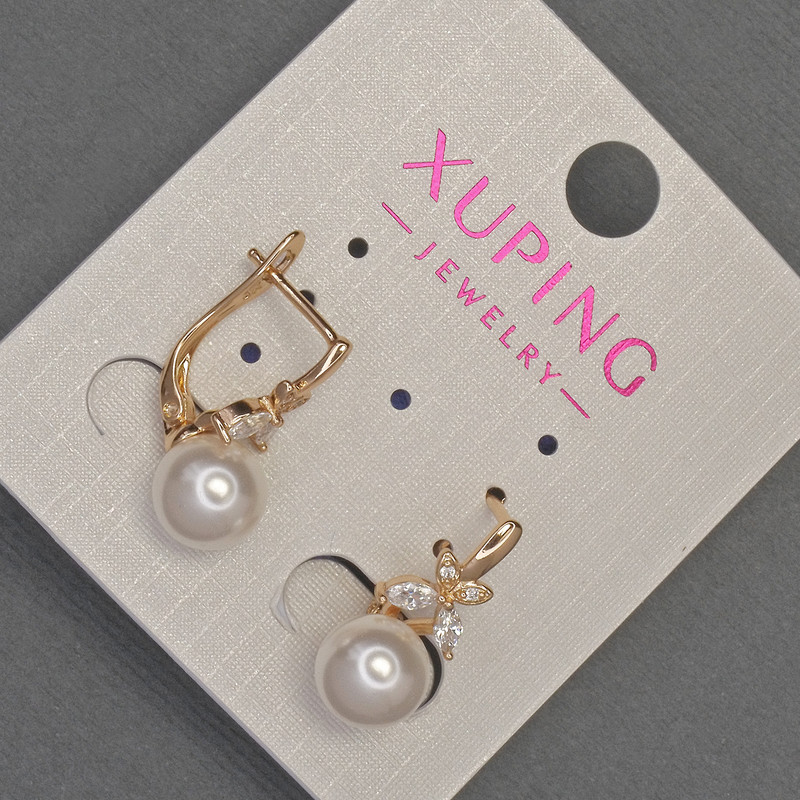 עגילים Xuping עם זרקונים לבנים ופנינת מאיורקה, קוטר 8 מ״מ ±, אורך 18 מ״מ ±, זהב מצופה 18 קראט
