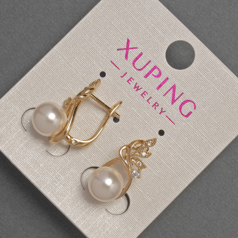 עגילים Xuping עם זירקונים לבנים ופנינת מאיורקה, קוטר 8 מ״מ ±, אורך 20 מ״מ ±, ציפוי זהב 18K