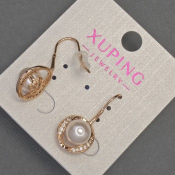 עגילים Xuping עם אבני זירקונים לבנים ופנינת מאיורקה, קוטר כ-13 מ״מ, אורך כ-27 מ״מ, זהב מצופה 18K
