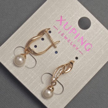 עגילים Xuping עם קריסטלים לבנים ופנינת מאיורקה, קוטר 6 מ״מ, אורך 27 מ״מ, ציפוי זהב 18K