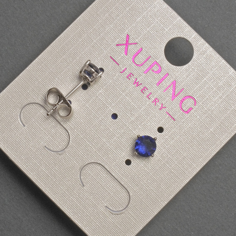 עגילי סטוד Xuping עם קריסטל כחול, קוטר כ-5 מ״מ, בציפוי רודיום