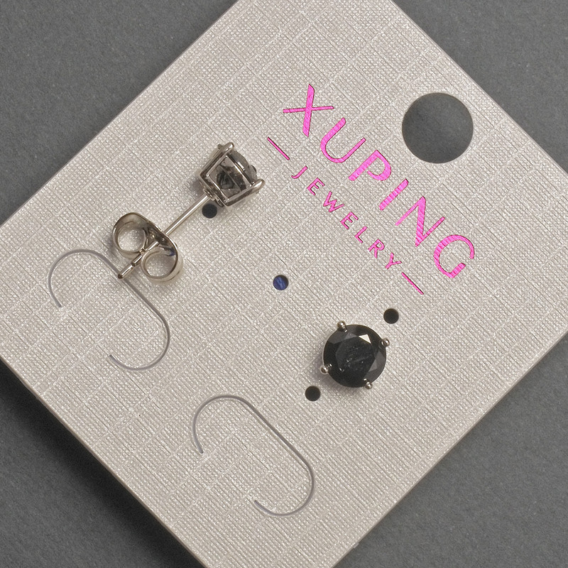 עגילי סטוד Xuping עם קריסטל שחור, קוטר כ-6 מ״מ, רודיום
