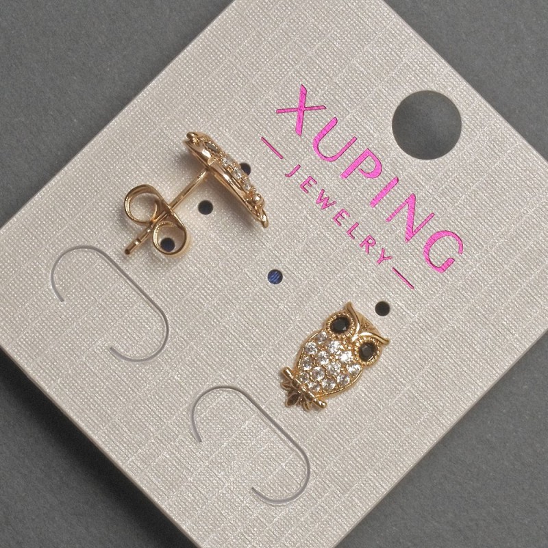 עגילי סטוד Xuping ינשוף עם זרקונים לבנים ושחורים, קוטר 7 מ״מ, אורך 12 מ״מ, ציפוי זהב 18 קראט