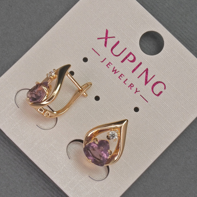 עגילים Xuping עם זרקונים לבנים ואבן סגולה, קוטר 11 מ״מ ±, אורך 16 מ״מ ±, ציפוי זהב 18K