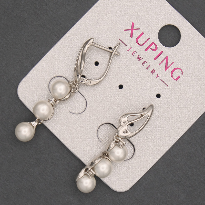 עגילי Xuping רודיום עם פנינה, קוטר 6 מ״מ וסטרזים לבנים, אורך 37 מ״מ +