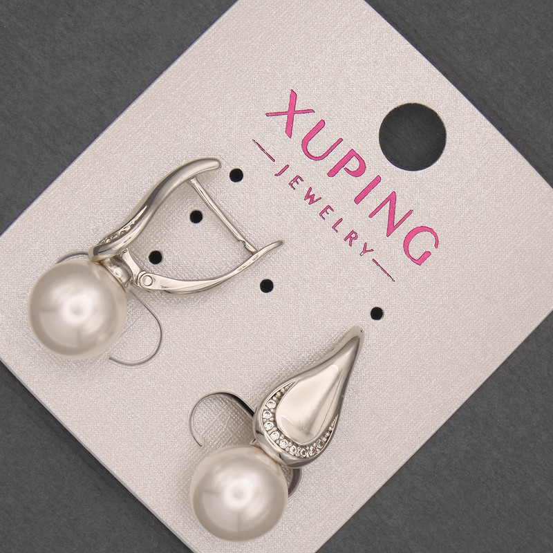 עגילים Xuping ורודיום עם פנינה, קוטר 10 מ"מ וזירקונים לבנים, אורך 25 מ"מ +