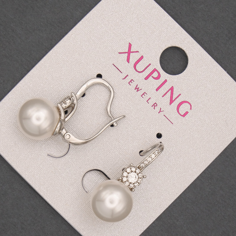 עגילים Xuping רודיום עם פנינה, קוטר 10 מ״מ ושל קריסטלים לבנים, אורך 23 מ״מ +