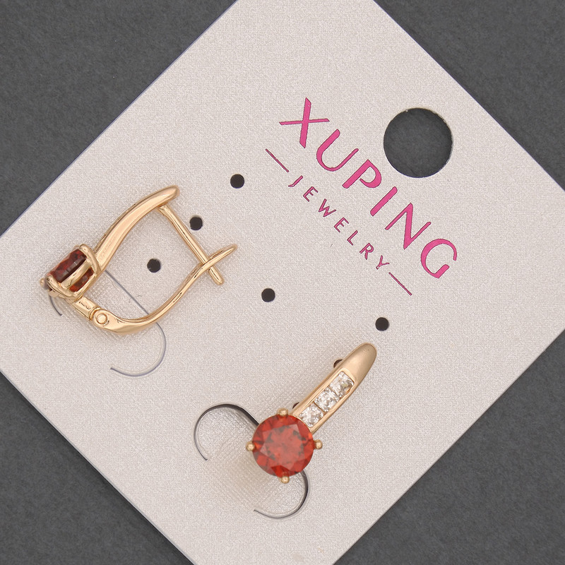 עגילים Xuping עם אבני זרקון לבנות ואבני אדומות, קוטר 6 מ״מ, אורך 16 מ״מ, מצופה בזהב 18K