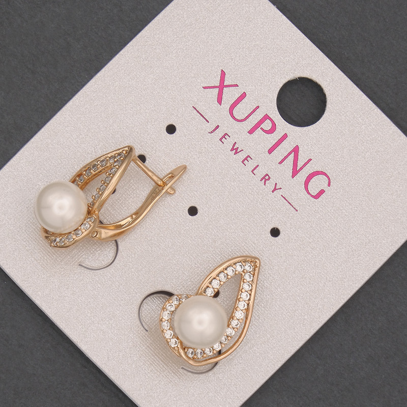 עגילים Xuping עם קריסטלים לבנים וחרוז מאיורקה, קוטר כ-7 מ״מ, אורך כ-18 מ״מ, ציפוי זהב 18 קראט