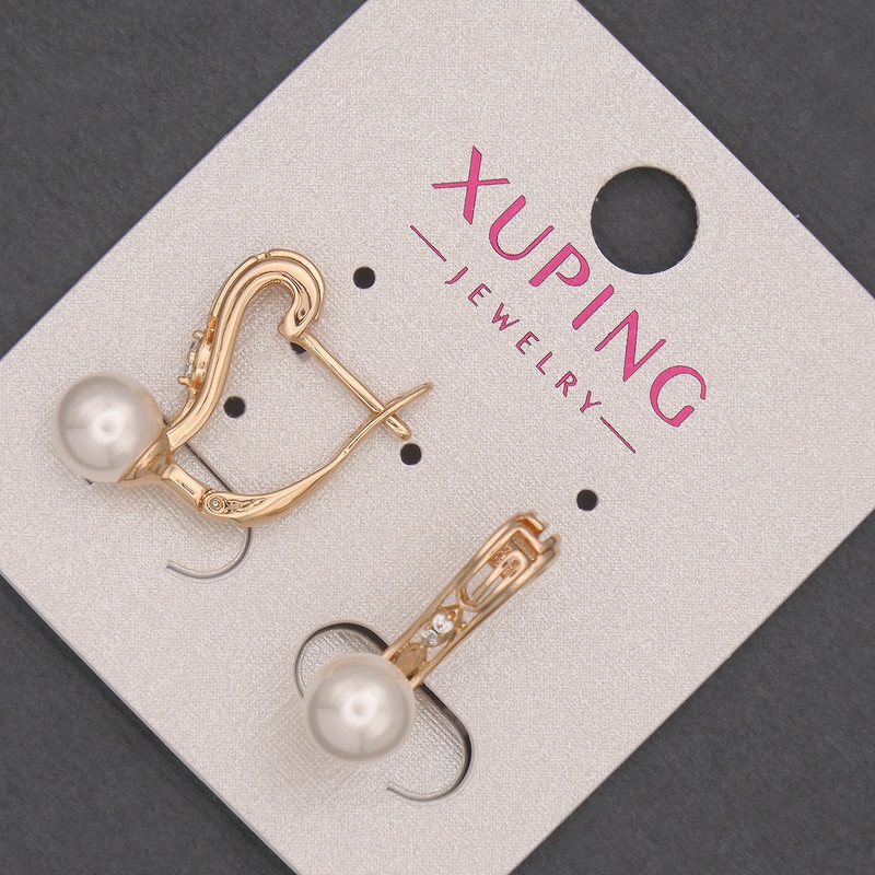 עגילים Xuping עם זירקונים לבנים ופנינת מאיורקה, קוטר כ-7 מ״מ, אורך כ-20 מ״מ, ציפוי זהב 18K
