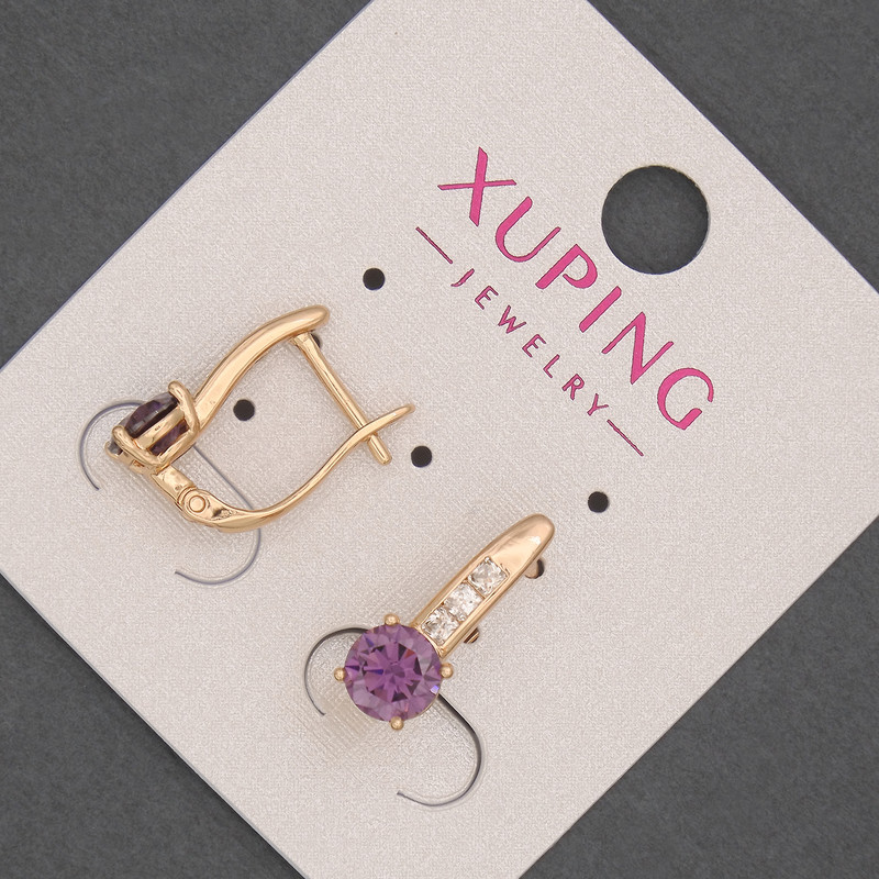 עגילים Xuping עם אבני זירקון לבנות וקריסטל סגול, קוטר 6 מ״מ ±, אורך 17 מ״מ ±; ציפוי זהב 18K