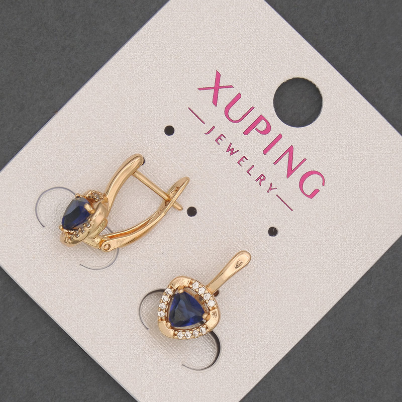עגילי Xuping עם זירקונים לבנים ואבן קריסטל כחולה, קוטר 9 מ"מ ±, אורך 16 מ"מ ±, זהב צהוב 18K