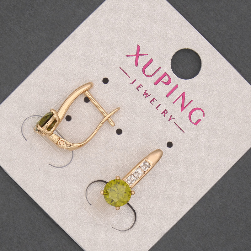 עגילי Xuping עם זרקונים לבנים וקריסטל זית, קוטר 6 מ״מ, אורך 17 מ״מ, ציפוי זהב 18K