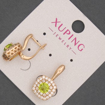 עגילים Xuping עם זרקונים לבנים וקריסטל בצבע זית, קוטר 12 מ״מ +-, אורך 20 מ״מ+- זהב מצופה 18K