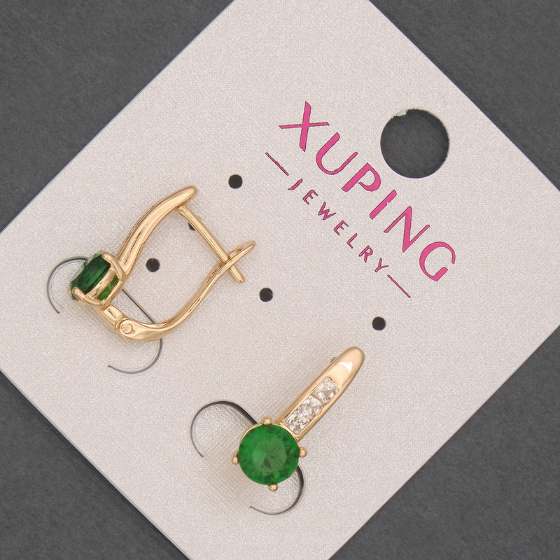 עגילים Xuping עם סטרז לבנים וקריסטל ירוק, קוטר כ-6 מ״מ, אורך כ-17 מ״מ, ציפוי זהב 18K