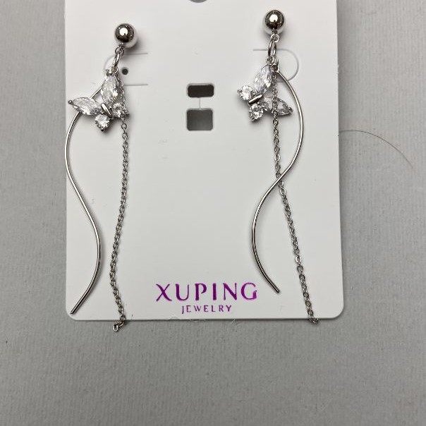 עגילים Xuping עם זרקונים לבנים, אורך 67 מ״מ, ציפוי רודיום