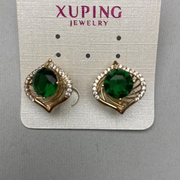 עגילים Xuping עם זרקונים לבנים וקריסטל ירוק, קוטר 17 מ״מ +-, אורך 17 מ״מ +-, ציפוי זהב 18K