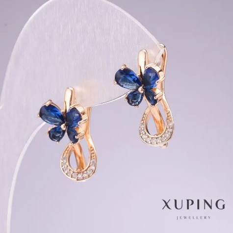 עגילים Xuping מצופה זהב 18K עם אבנים כחולות וזרקונים לבנים 20×11 מ״מ